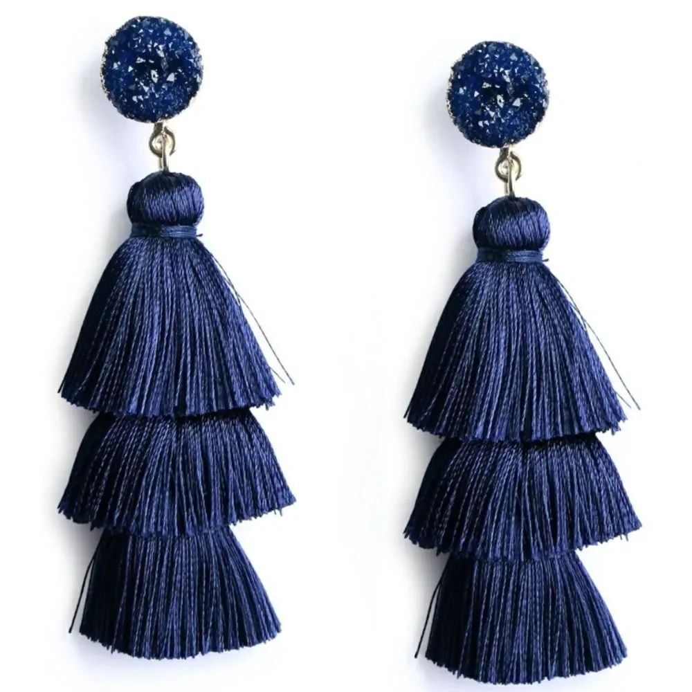 14K Yellow Gold with Navy Blue Silk Thread Tassel and Quartz Druzy Post Earrings